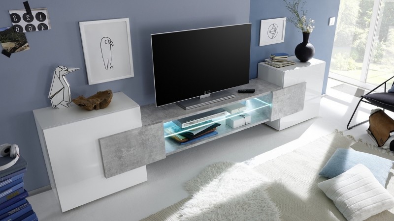 Meuble TV 2 portes avec LED décor blanc mat et béton - TYGO