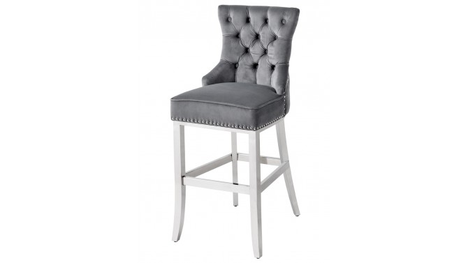 Tabouret de bar aspect chêne clair et velours gris avec piètement en acier  chromé ENCELADE