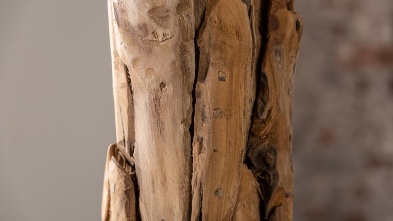 Lampe bois naturel style bois flotté, racine de teck et abat-jour écru